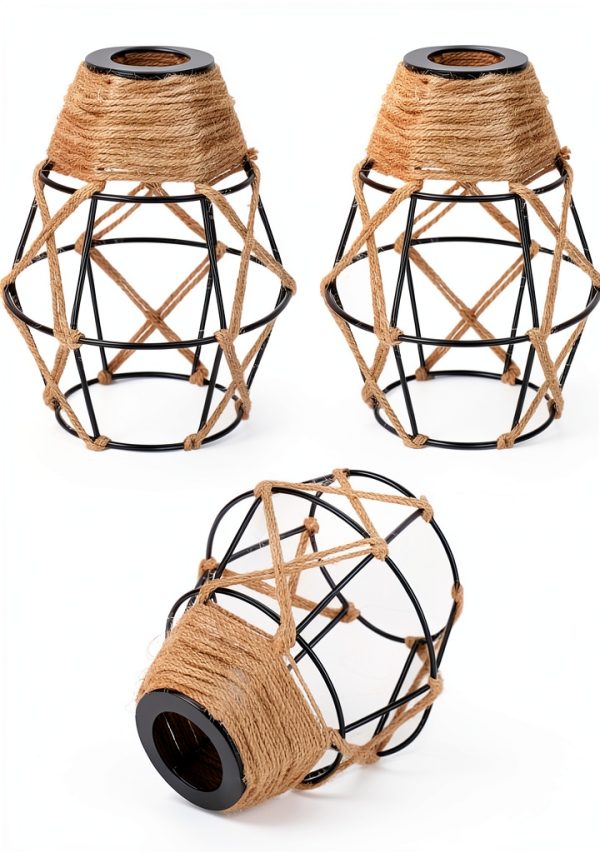 Industrial Metal Lamp Shade Aksipo Black Rustic Cage Woven Hemp Rope-0
