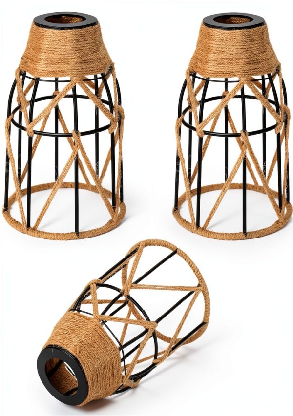 Industrial Mini Lamp Shade Aksipo Black Hemp Rope Metal Cage 3pcs-0