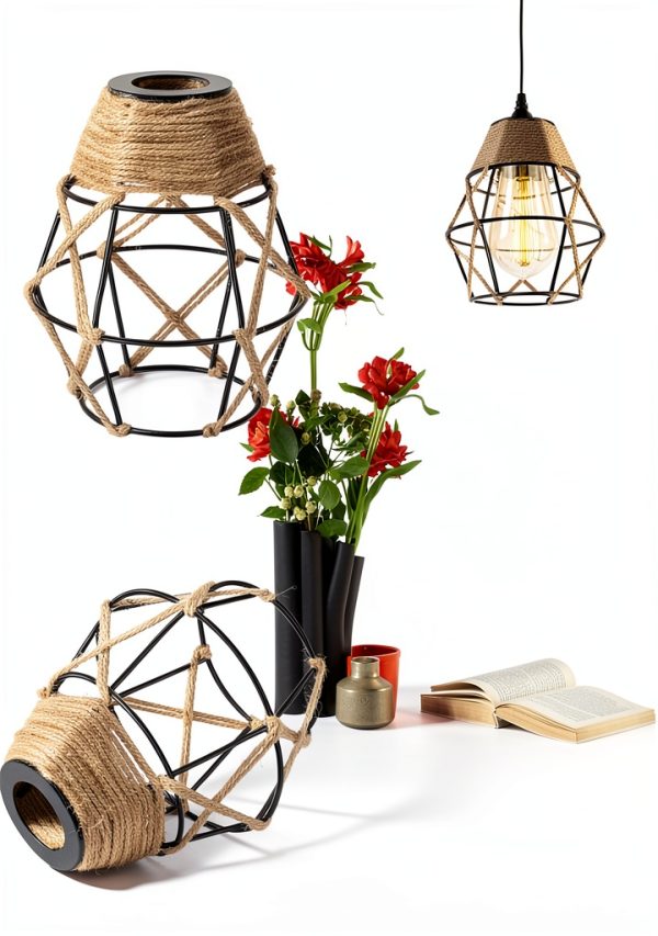 Industrial Metal Lamp Shade Aksipo Black Rustic Cage Woven Hemp Rope-2