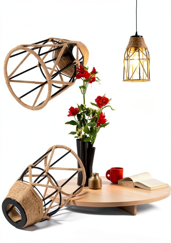 Industrial Hemp Rope Lamp Shade by Aksipo Rustic Metal Cage Black-2
