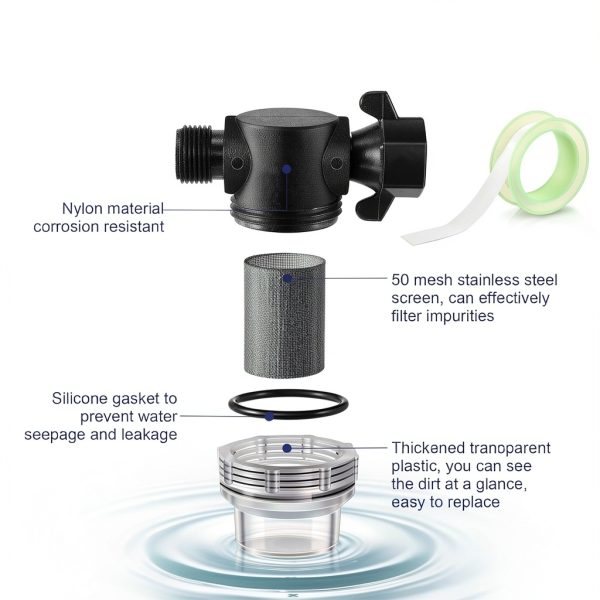 Dreyoo Water Pump Strainer Filter, Compatible with Shurflo Swivel Nut 255-315, 1/2 Inch Fitting with 50 Mesh Stainless Steel Screen and 6.6 FT Tape-2